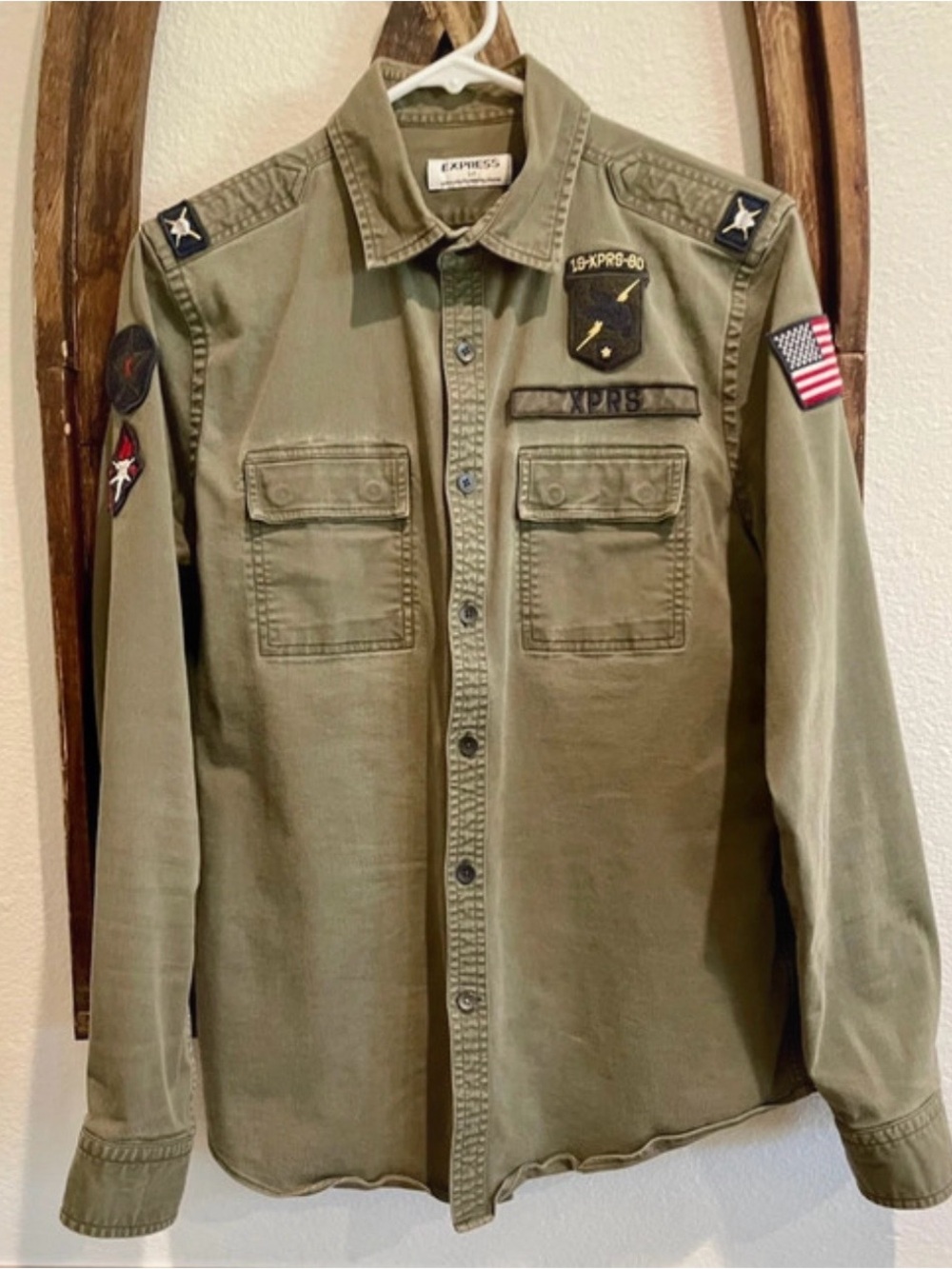 Express Men's Olive Green Military Patch Button-Up Jacket. Sz S.